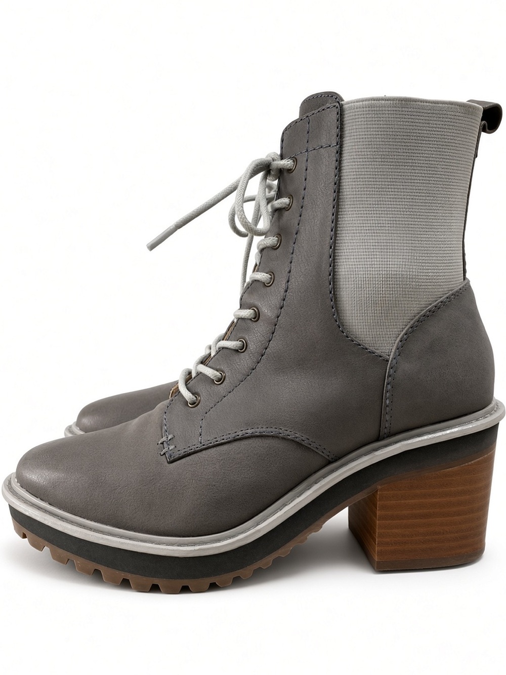 Kelsi Dagger Gray Leather Lace-Up Heeled Combat Boots - 6